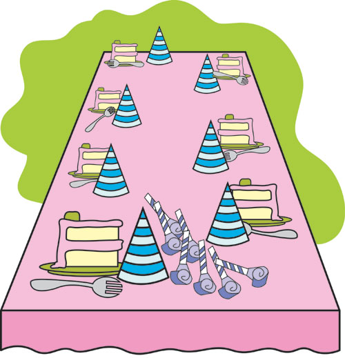 Table with cake, party hats and blowers